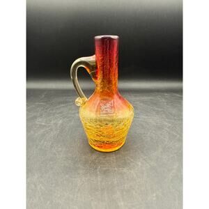 Vintage Crackle Glass Mini Pitcher - Amberina Red Yellow - 5” tall